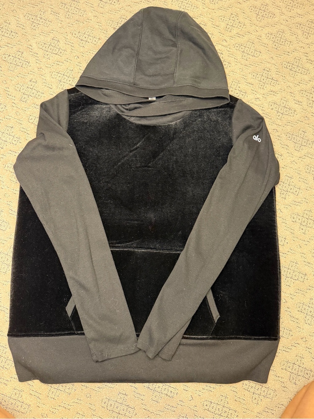 ALO Yoga Black Velour-Front Hooded Sweatshirt